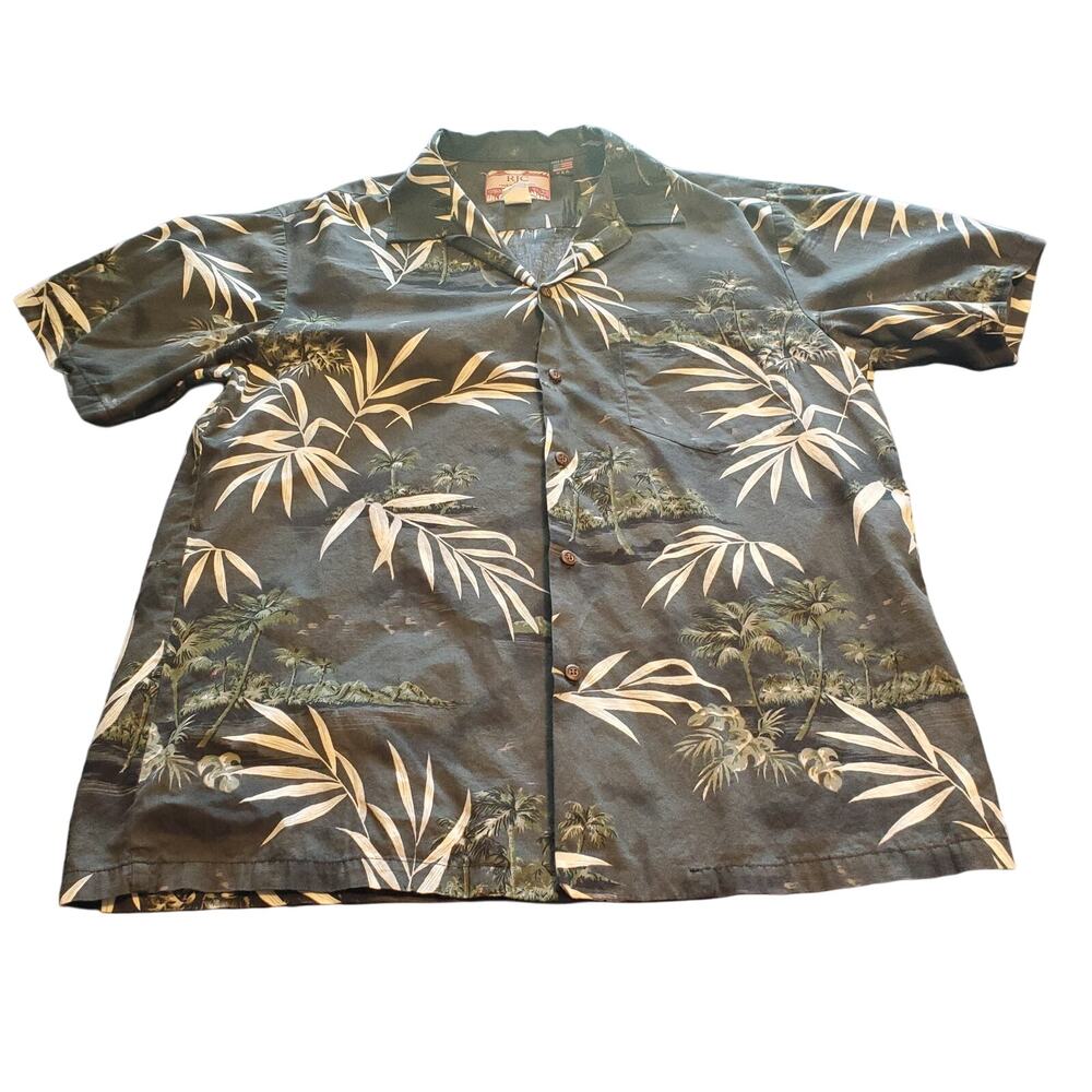 Vintage RJC Hawaiian Size L USA Button Shirt Palm Gray Cotton aloha, camp shirt